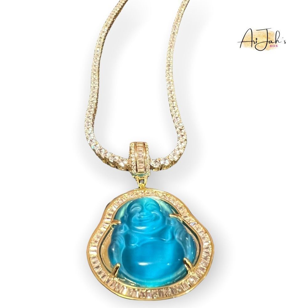 Blue Jade Diamond Laughing Buddha Pendant Necklace